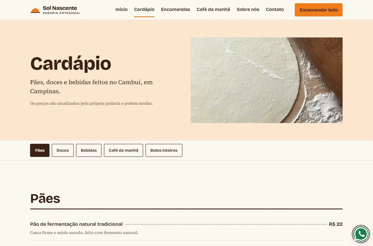 Cardápio no computador: título "Cardápio", abas de categorias e a lista de pães com descrição.